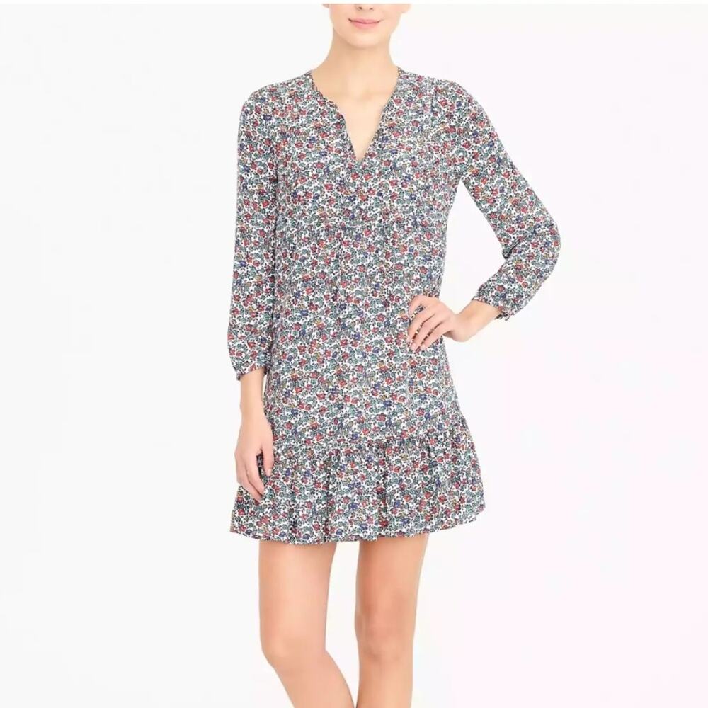 J Crew Floral Cottage Core Flowy Long Sleeve Ruffled Hem Keyhole Tie Neck Dress